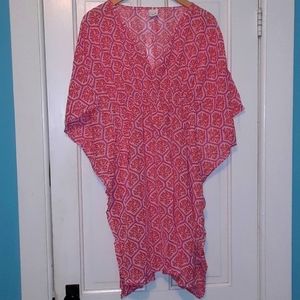 Pretty Coral Pink Print Chiffon Cover Up Light Weight Elastic Waist Beach Pool